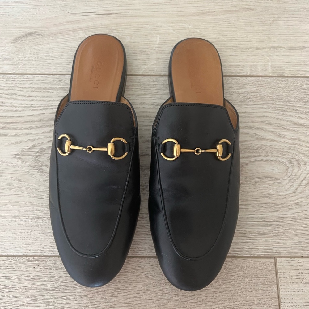 Authentic Gucci Black Leather Loafers with Gold Accents